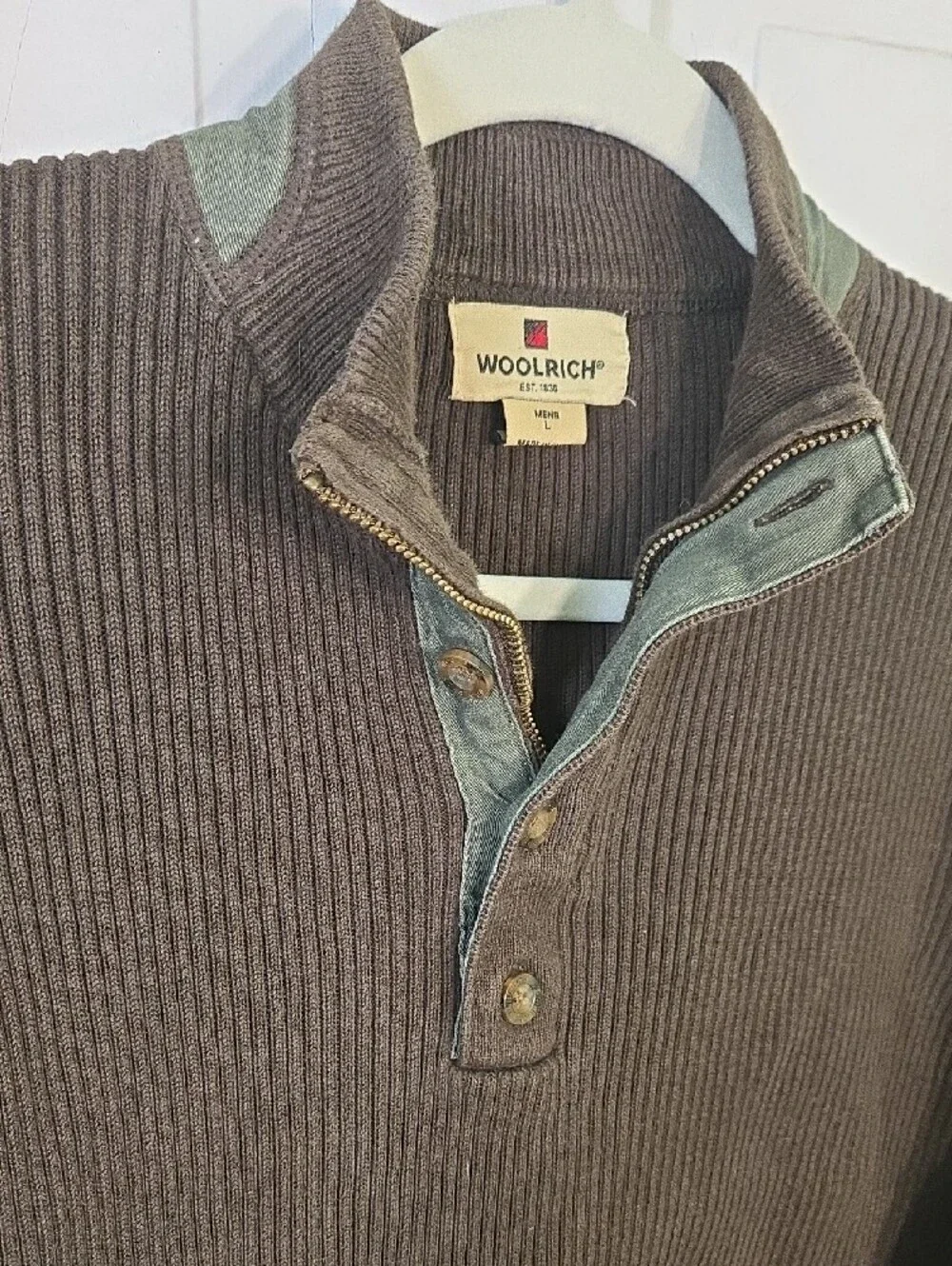 Men's Woolrich Men's Dark Brown Ribbed Zip-Neck Sweater Size L
